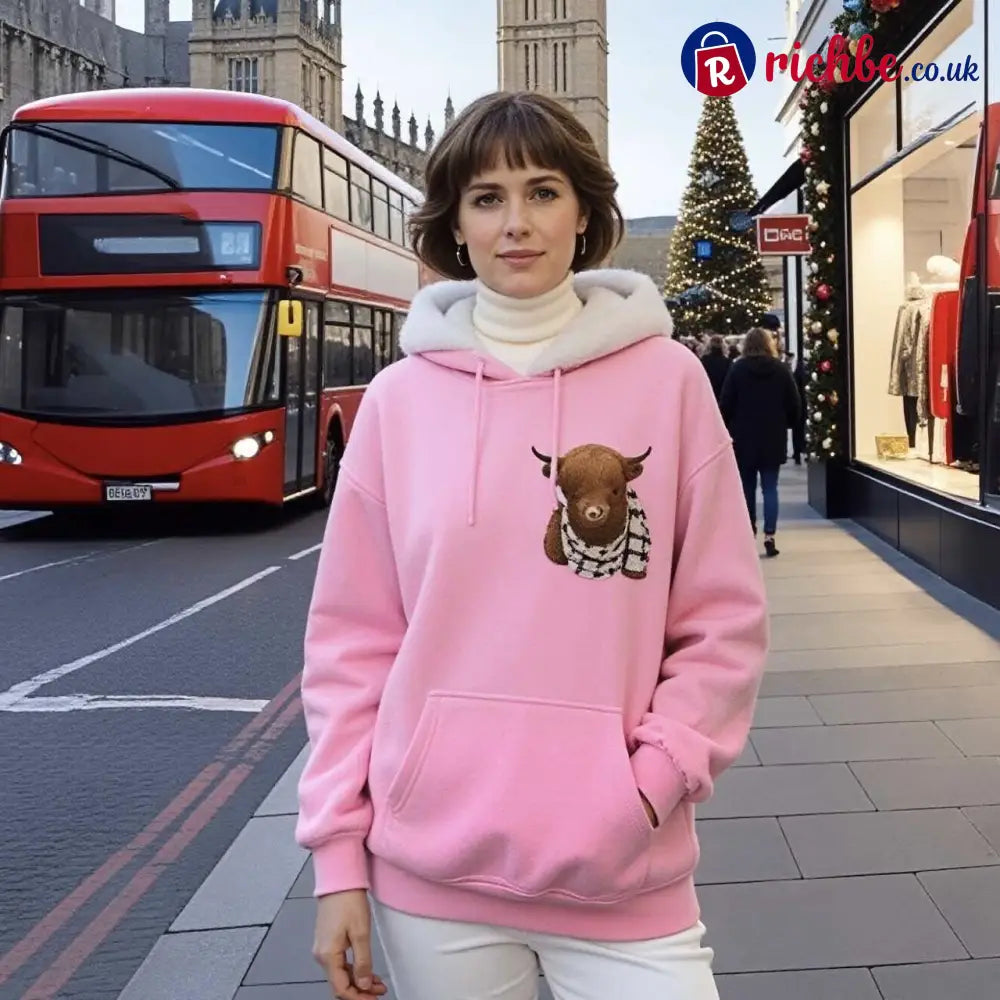 💖LAST DAY SALE 49% OFF!!🎁Cute Highland Cow Cozy Fleece-Lined Hooded Sweatshirt🦬 - Pink / S / UK6-8