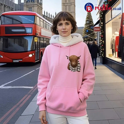💖LAST DAY SALE 49% OFF!!🎁Cute Highland Cow Cozy Fleece-Lined Hooded Sweatshirt🦬 - Pink / S / UK6-8