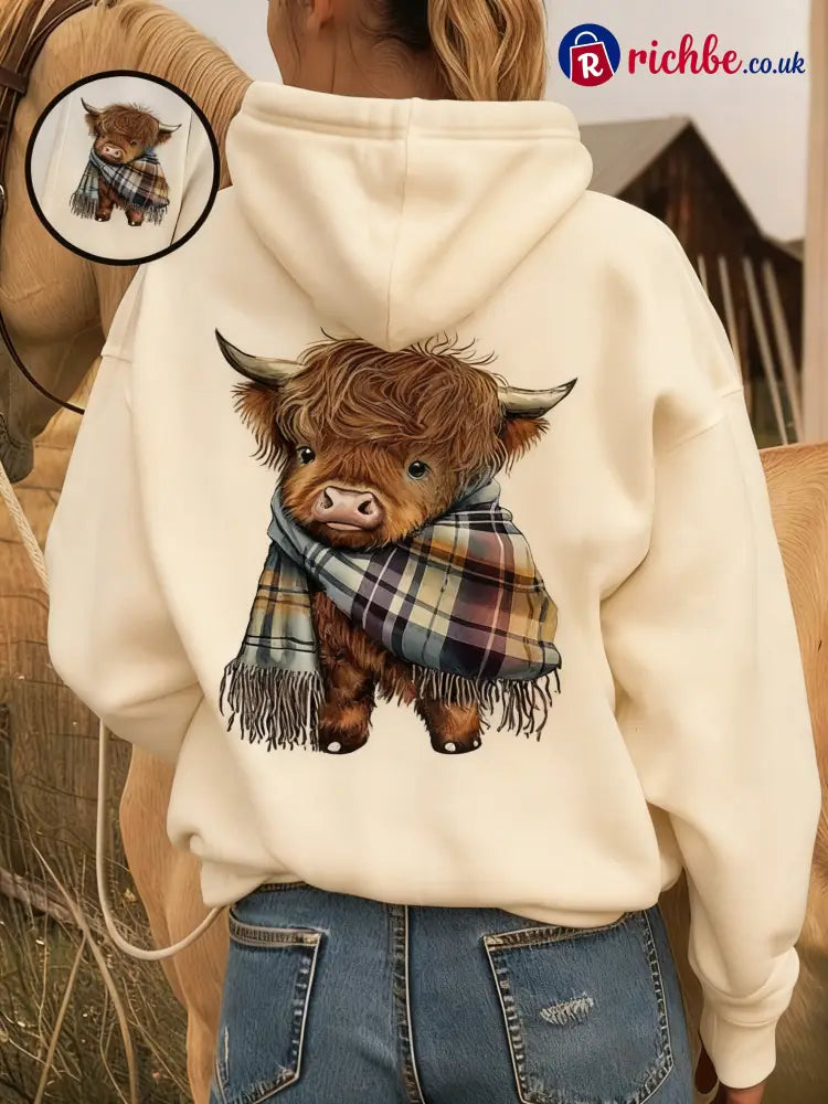 💖LAST DAY SALE 49% OFF!!🎁Cute Highland Cow Cozy Fleece-Lined Hooded Sweatshirt🦬 - White / S / UK6-8