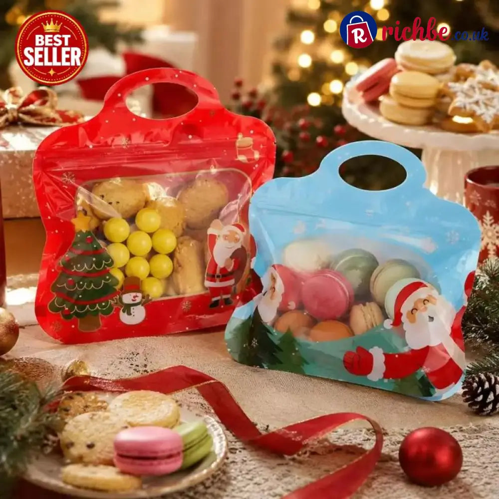 💖LAST DAY SALE 50% OFF!!🎁Easy Fill Easy Seal🎄 Festive Self-Seal Treat Bags – Santa & Snowman Print | Resealable