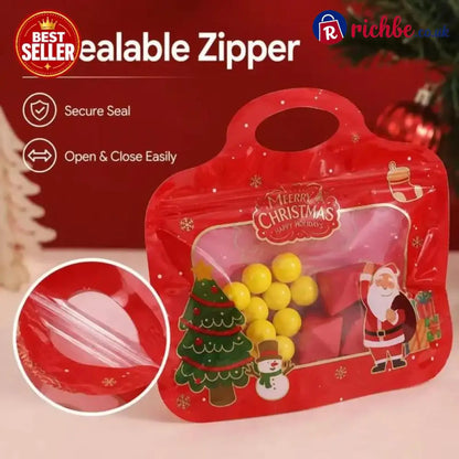 💖LAST DAY SALE 50% OFF!!🎁Easy Fill Easy Seal🎄 Festive Self-Seal Treat Bags – Santa & Snowman Print | Resealable