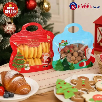 💖LAST DAY SALE 50% OFF!!🎁Easy Fill Easy Seal🎄 Festive Self-Seal Treat Bags – Santa & Snowman Print | Resealable