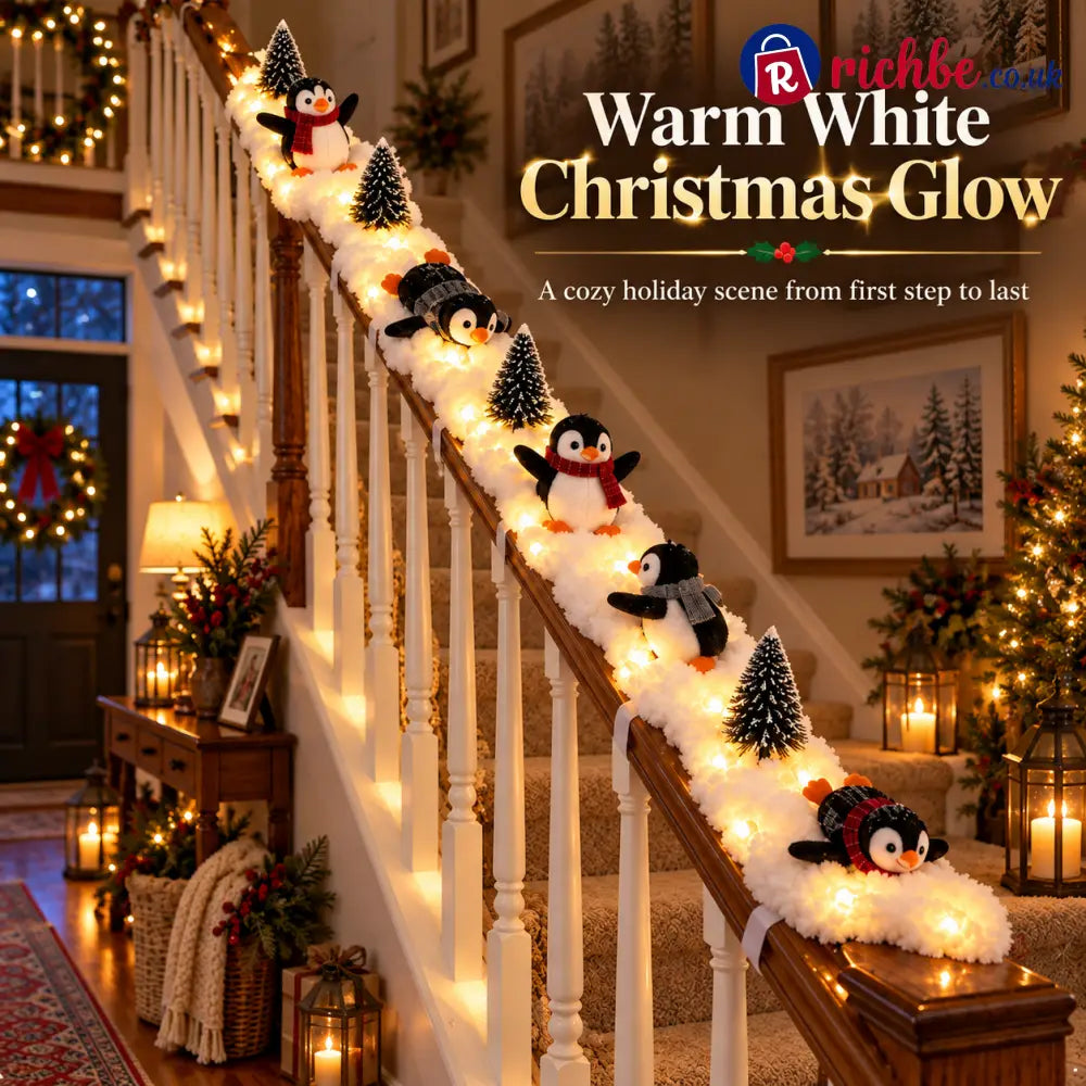 🐧 Light-Up Penguin Christmas Stair Garland – Turn Your Banister Into a Winter Wonderland ✨ - Merry Waving Penguin