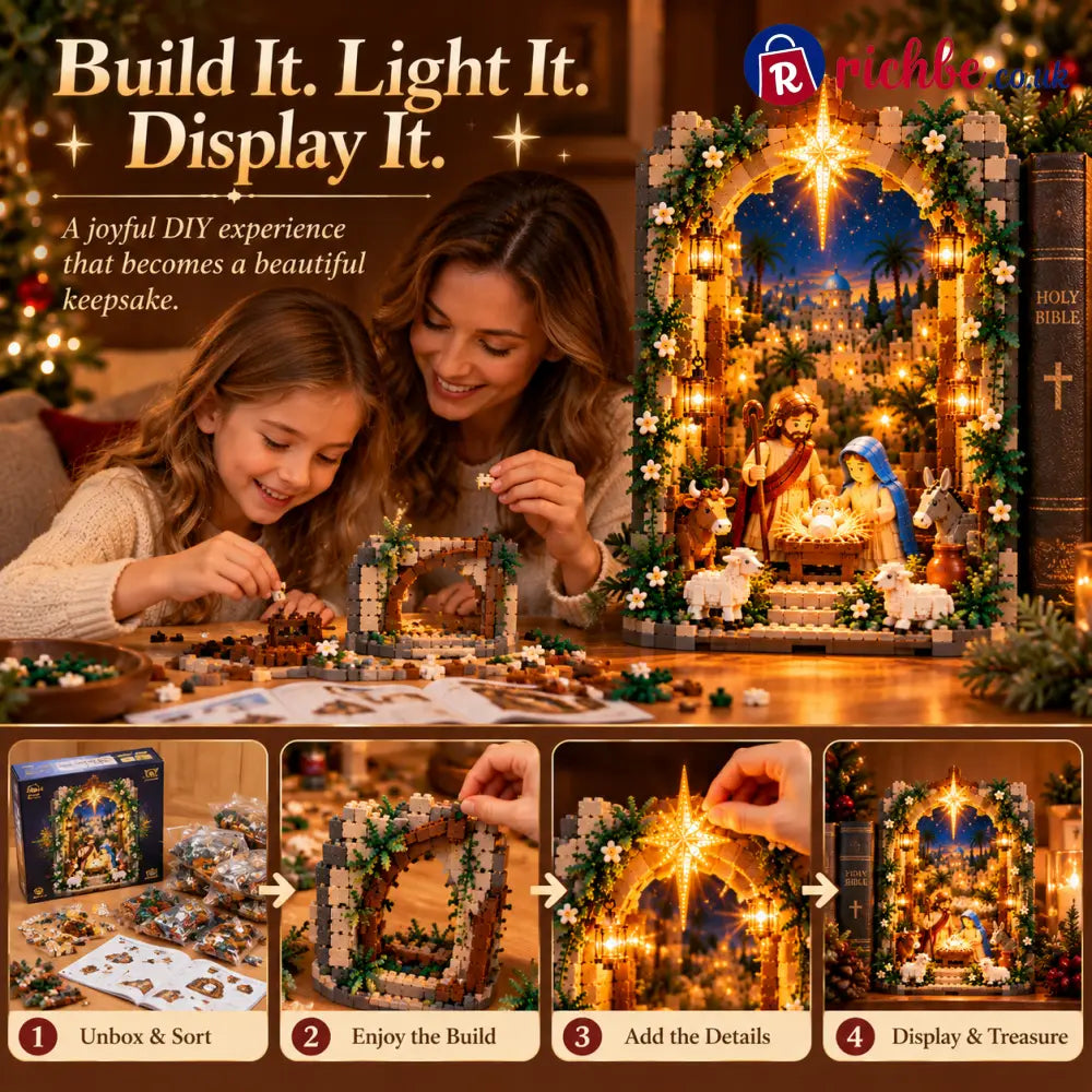 ✨ Lighted Bethlehem Nativity Book Nook – Christmas Building Block Display of Faith