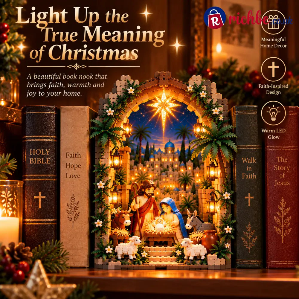 ✨ Lighted Bethlehem Nativity Book Nook – Christmas Building Block Display of Faith