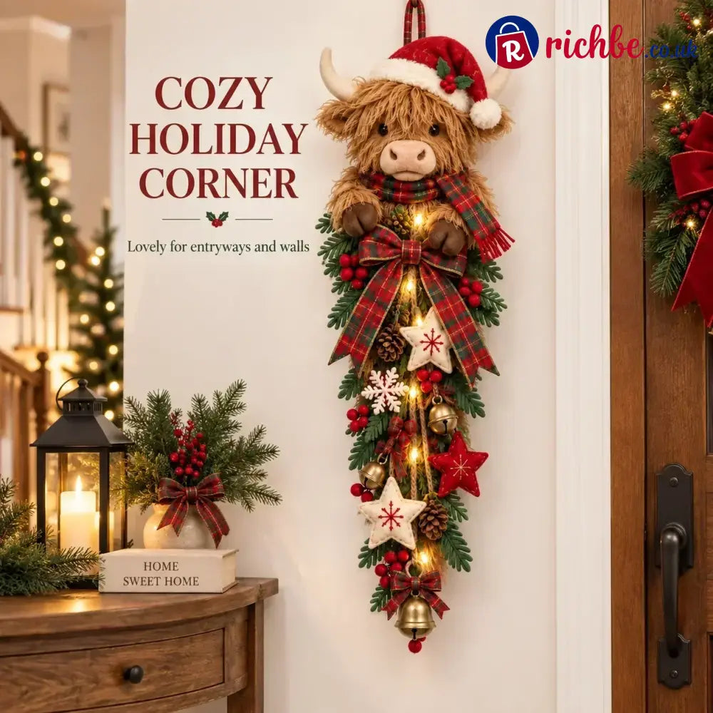 🎄 Lighted Highland Cow Christmas Door Swag – A Cozy Holiday Welcome