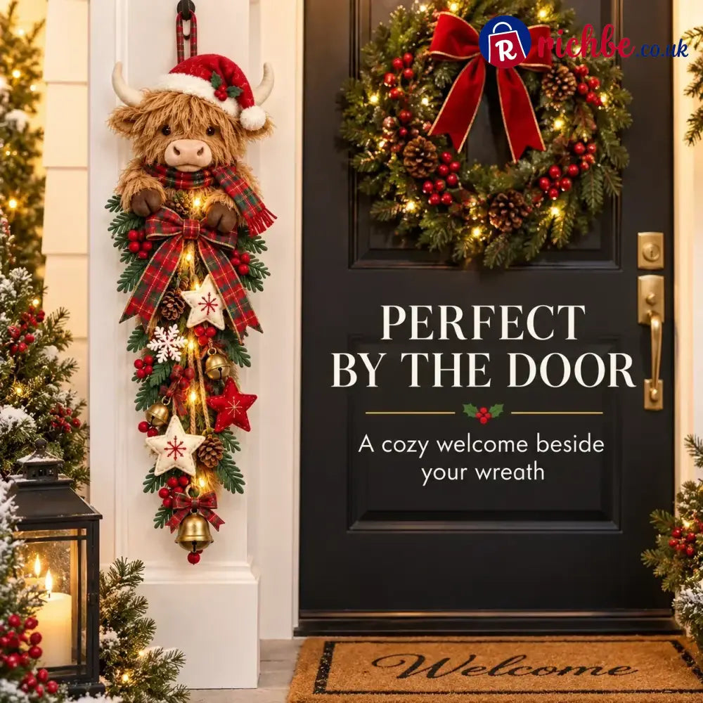 🎄 Lighted Highland Cow Christmas Door Swag – A Cozy Holiday Welcome