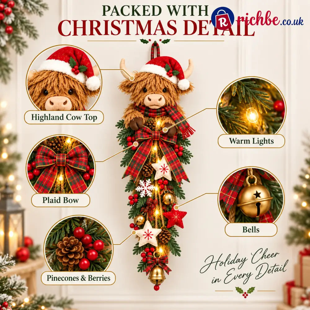 🎄 Lighted Highland Cow Christmas Door Swag – A Cozy Holiday Welcome