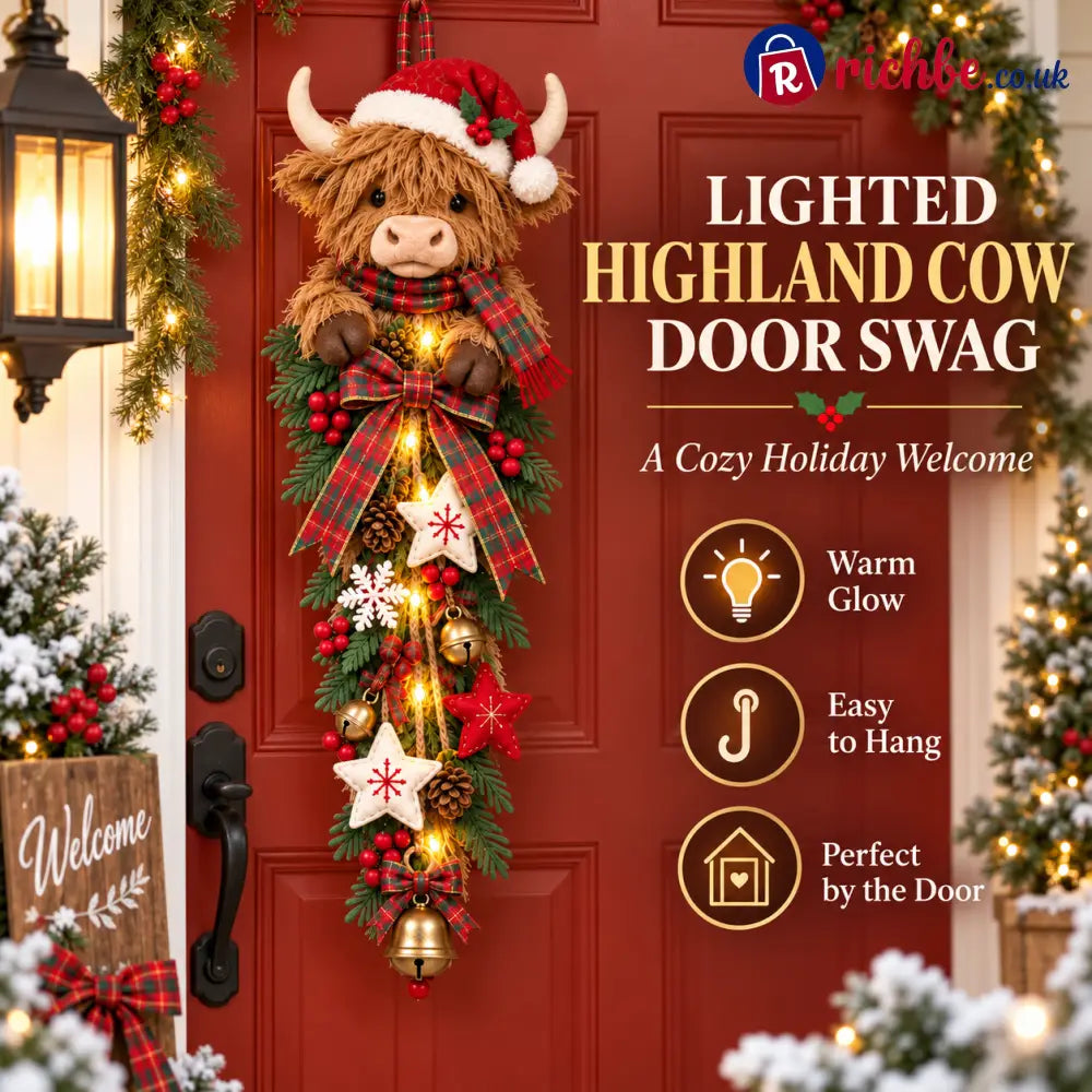 🎄 Lighted Highland Cow Christmas Door Swag – A Cozy Holiday Welcome