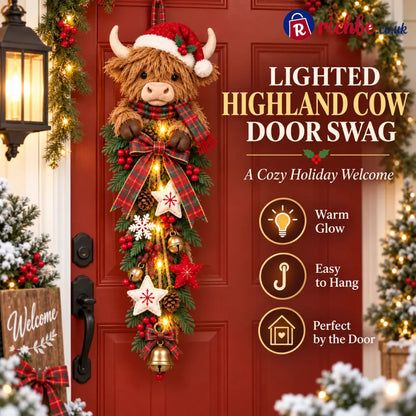 🎄 Lighted Highland Cow Christmas Door Swag – A Cozy Holiday Welcome