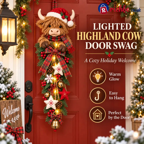🎄 Lighted Highland Cow Christmas Door Swag – A Cozy Holiday Welcome