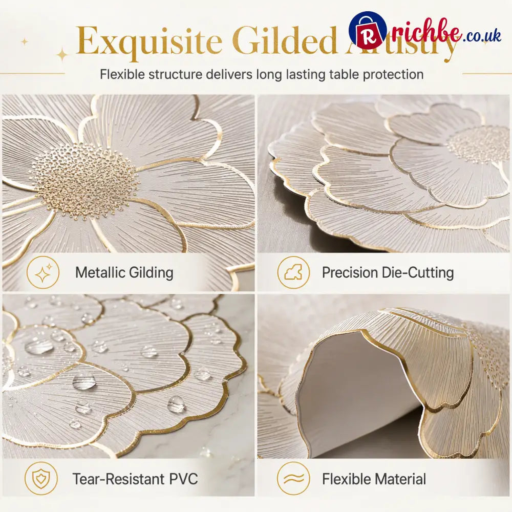 ⏳Limited-time 48% off⏰Nordic Style Metallic Peony Flower PVC Placemat | Heat Resistant Non Slip Waterproof Dining Table