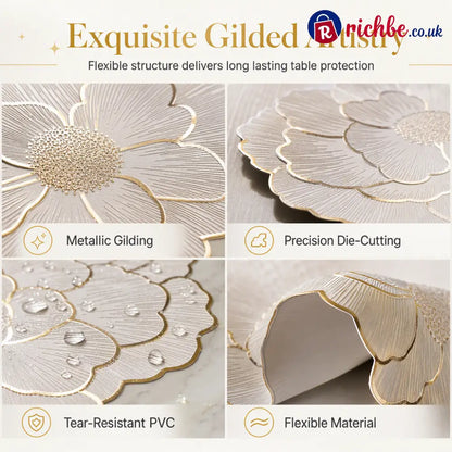 ⏳Limited-time 48% off⏰Nordic Style Metallic Peony Flower PVC Placemat | Heat Resistant Non Slip Waterproof Dining Table