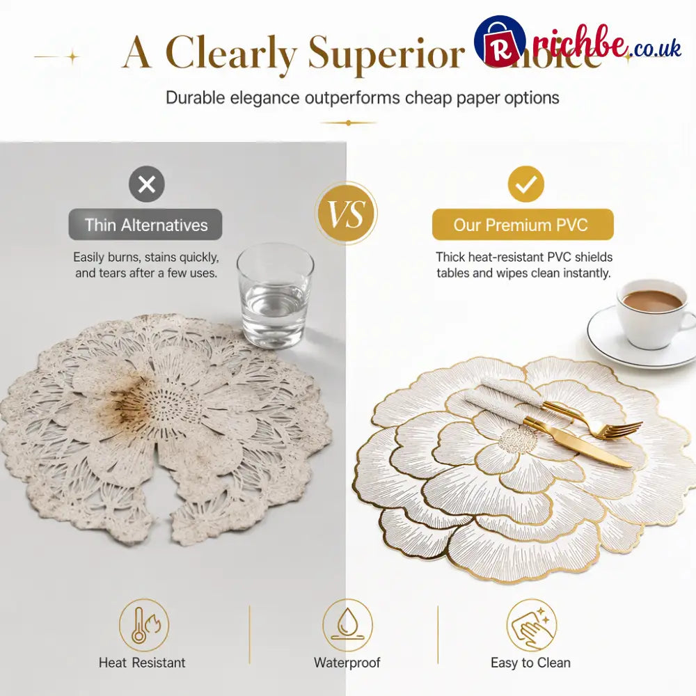 ⏳Limited-time 48% off⏰Nordic Style Metallic Peony Flower PVC Placemat | Heat Resistant Non Slip Waterproof Dining Table