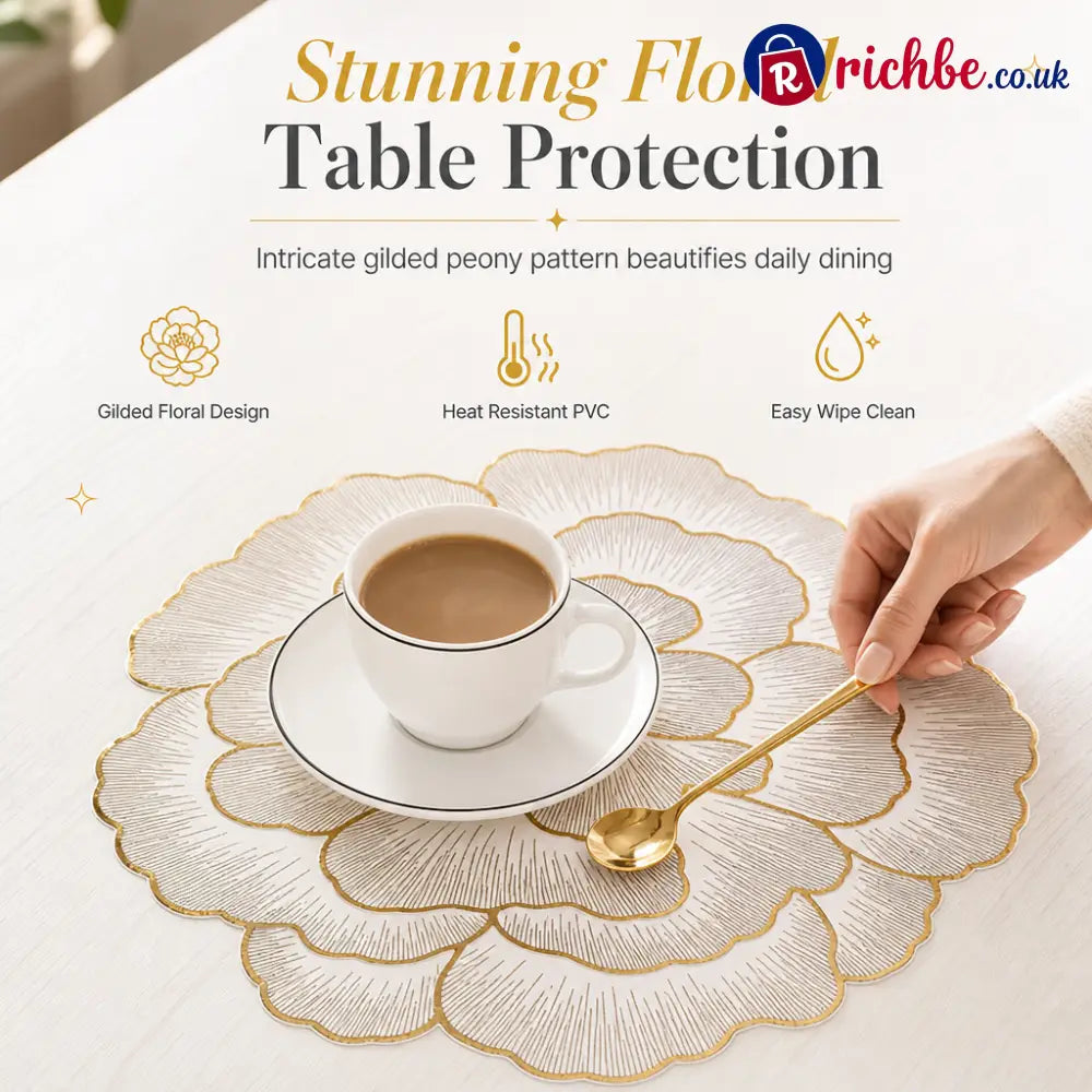 ⏳Limited-time 48% off⏰Nordic Style Metallic Peony Flower PVC Placemat | Heat Resistant Non Slip Waterproof Dining Table