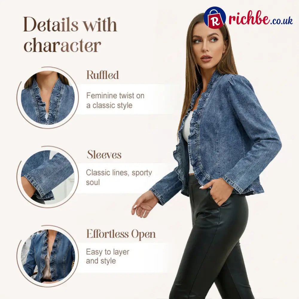 🧥 LIMITED-TIME 49% OFF! ✨ Women’s Denim Jacket – Open-Front Ruffle Trim Lightweight Classic Wash ✨ - Blue / S