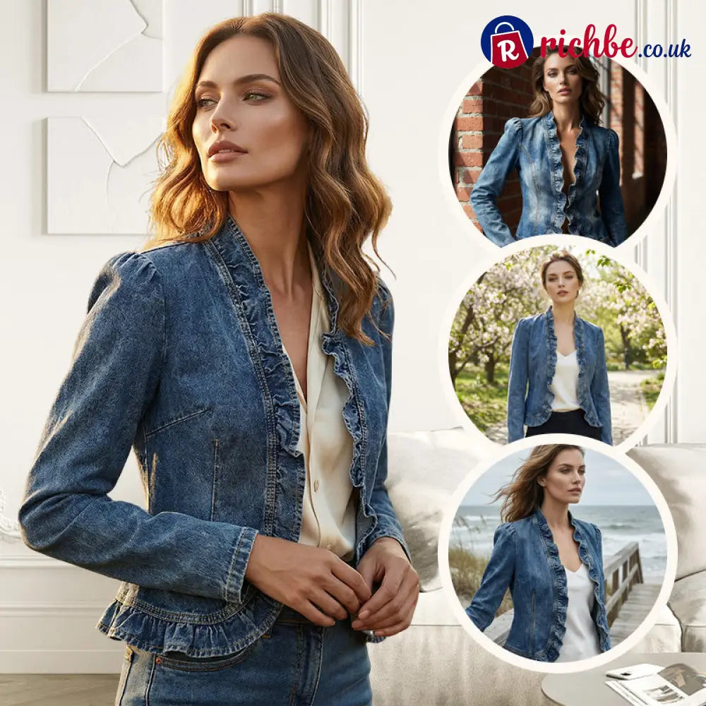 🧥 LIMITED-TIME 49% OFF! ✨ Women’s Denim Jacket – Open-Front Ruffle Trim Lightweight Classic Wash ✨ - Clothing &