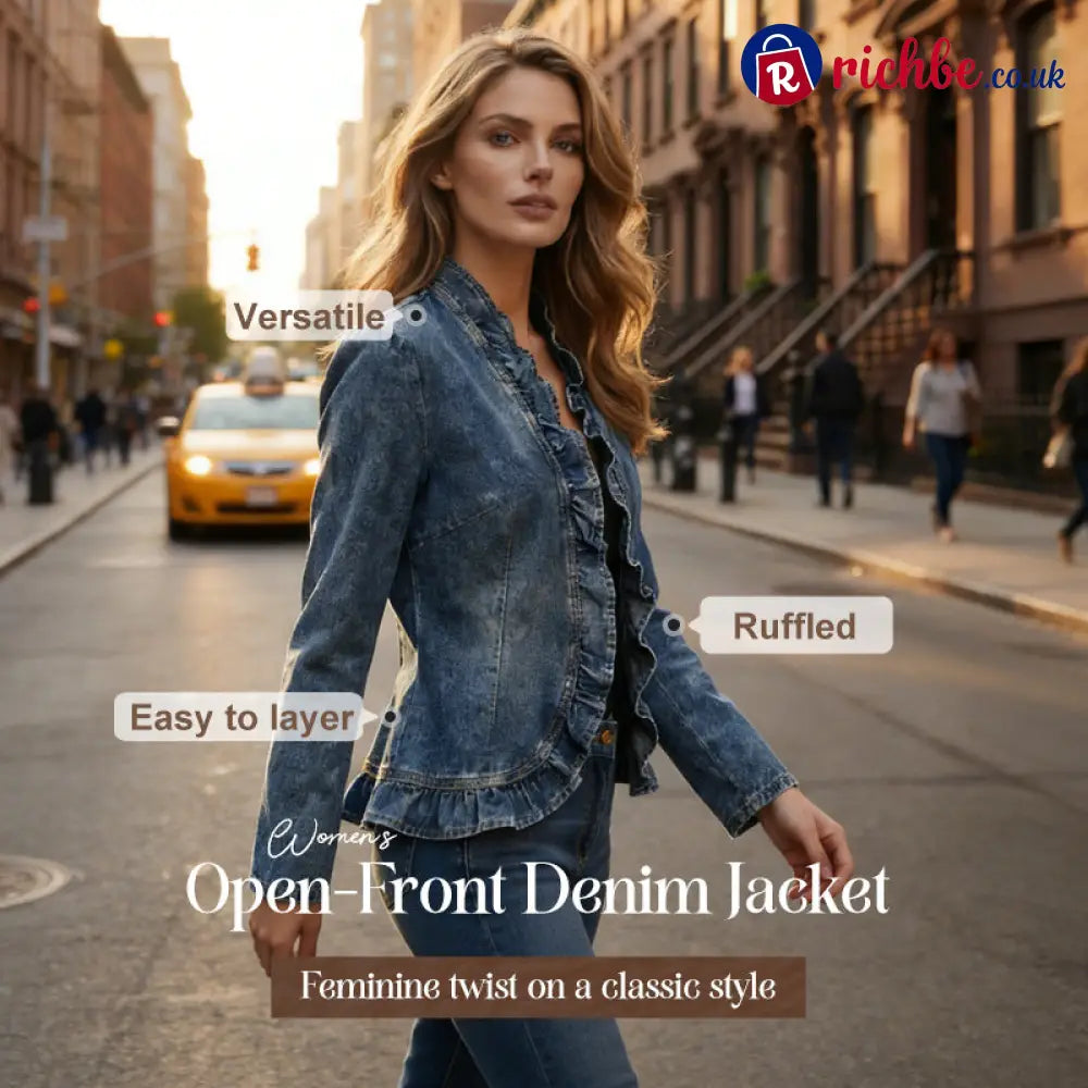 🧥 LIMITED-TIME 49% OFF! ✨ Women’s Denim Jacket – Open-Front Ruffle Trim Lightweight Classic Wash ✨ - Clothing &