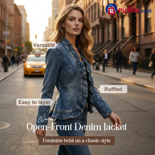 🧥 LIMITED-TIME 49% OFF! ✨ Women’s Denim Jacket – Open-Front Ruffle Trim Lightweight Classic Wash ✨ - Clothing &