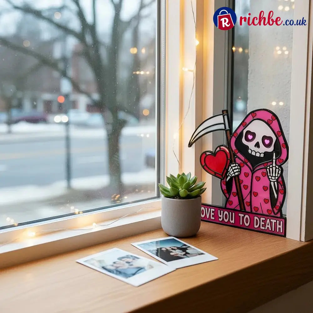 ’Love You To Death’ Grim Reaper Window Corner Suncatcher | Pastel Goth Valentine’s Decor