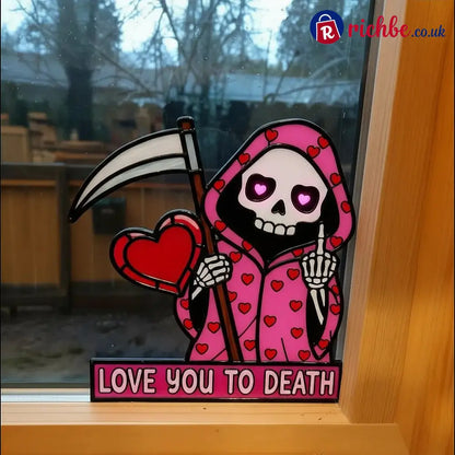 ’Love You To Death’ Grim Reaper Window Corner Suncatcher | Pastel Goth Valentine’s Decor - The Rebel (Middle Finger)