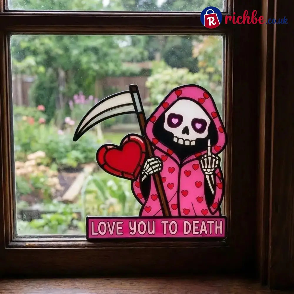 ’Love You To Death’ Grim Reaper Window Corner Suncatcher | Pastel Goth Valentine’s Decor - The Rebel (Middle Finger)