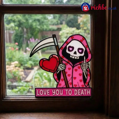 ’Love You To Death’ Grim Reaper Window Corner Suncatcher | Pastel Goth Valentine’s Decor - The Rebel (Middle Finger)