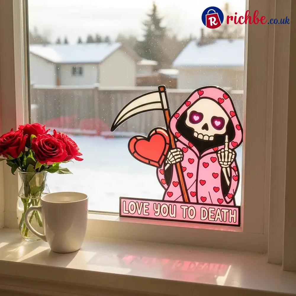 ’Love You To Death’ Grim Reaper Window Corner Suncatcher | Pastel Goth Valentine’s Decor - The Rebel (Middle Finger)