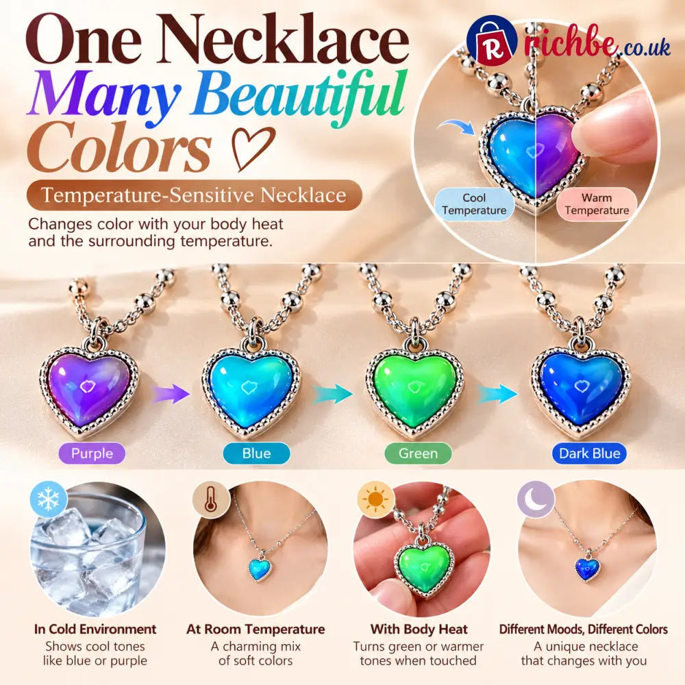 💖 Magic Color-Changing Heart Necklace – Temperature-Sensitive Mood Pendant A Unique Romantic Gift for Her