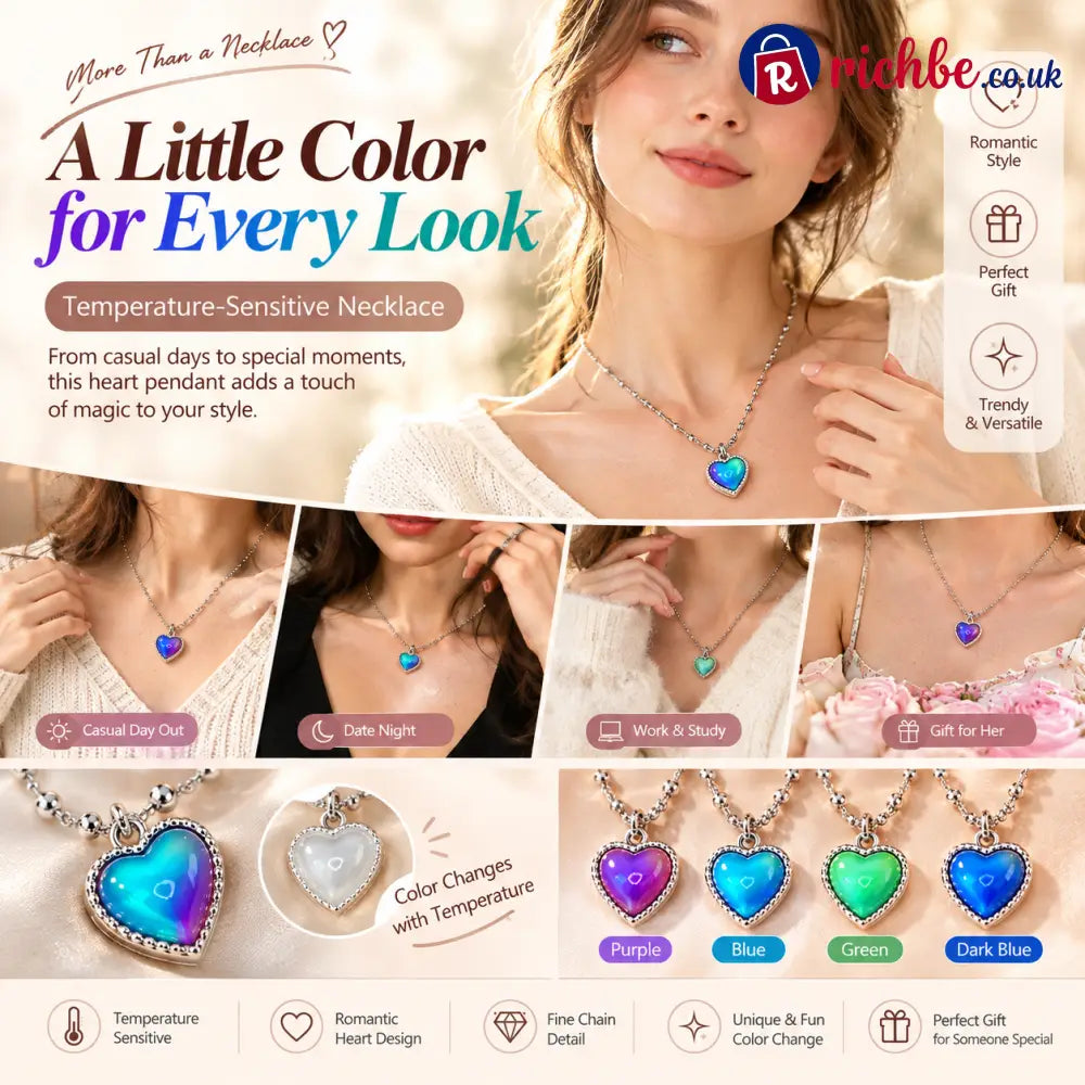 💖 Magic Color-Changing Heart Necklace – Temperature-Sensitive Mood Pendant A Unique Romantic Gift for Her