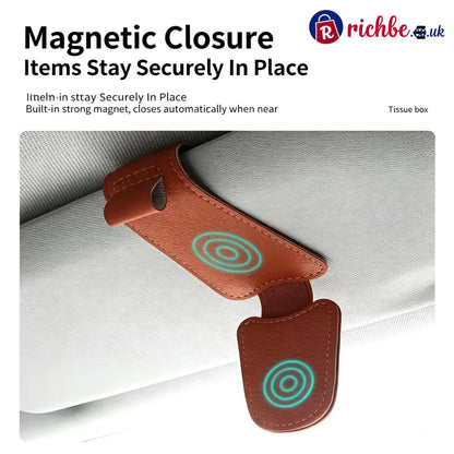 Magnetic Car Sun Visor Sunglasses Holder – Leather Glasses Clip & Multi-Function Storage Organizer