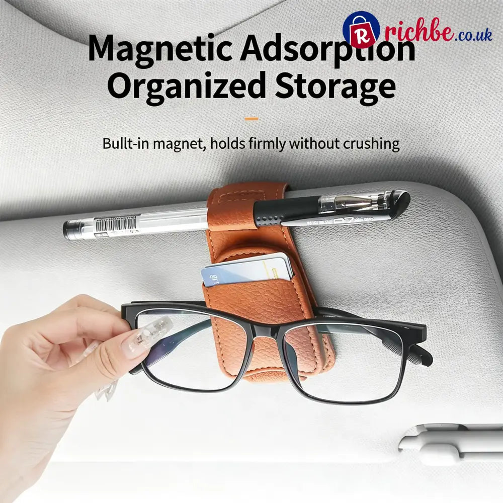 Magnetic Car Sun Visor Sunglasses Holder – Leather Glasses Clip & Multi-Function Storage Organizer