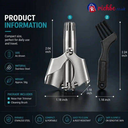 Manual Nose Hair Trimmer – Stainless Steel 360° Trimmer, Waterproof & No Battery Required