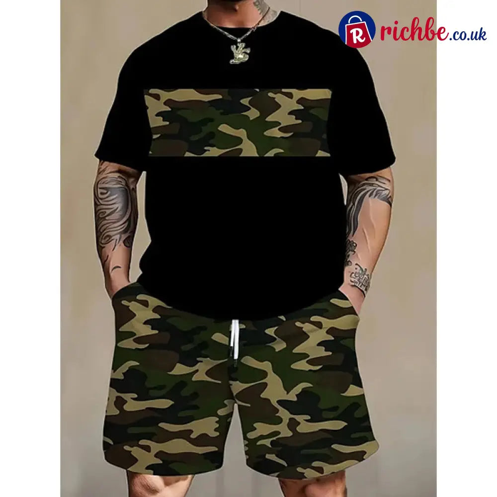 💥Men’s Camouflage Print T-Shirt & Shorts Set - Black-Camouflage / S - Clothing & Accessories