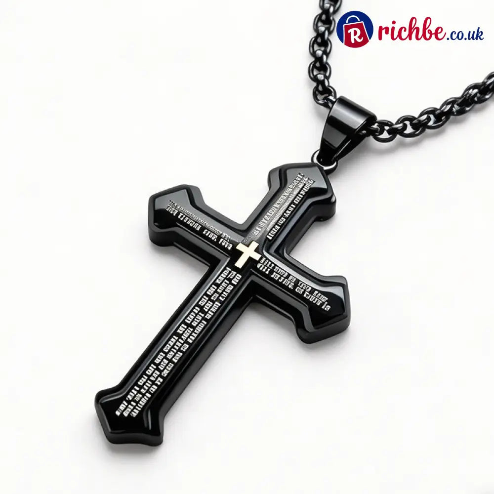 Men’s Lord’s Prayer Cross Necklace - Black - Clothing & Accessories