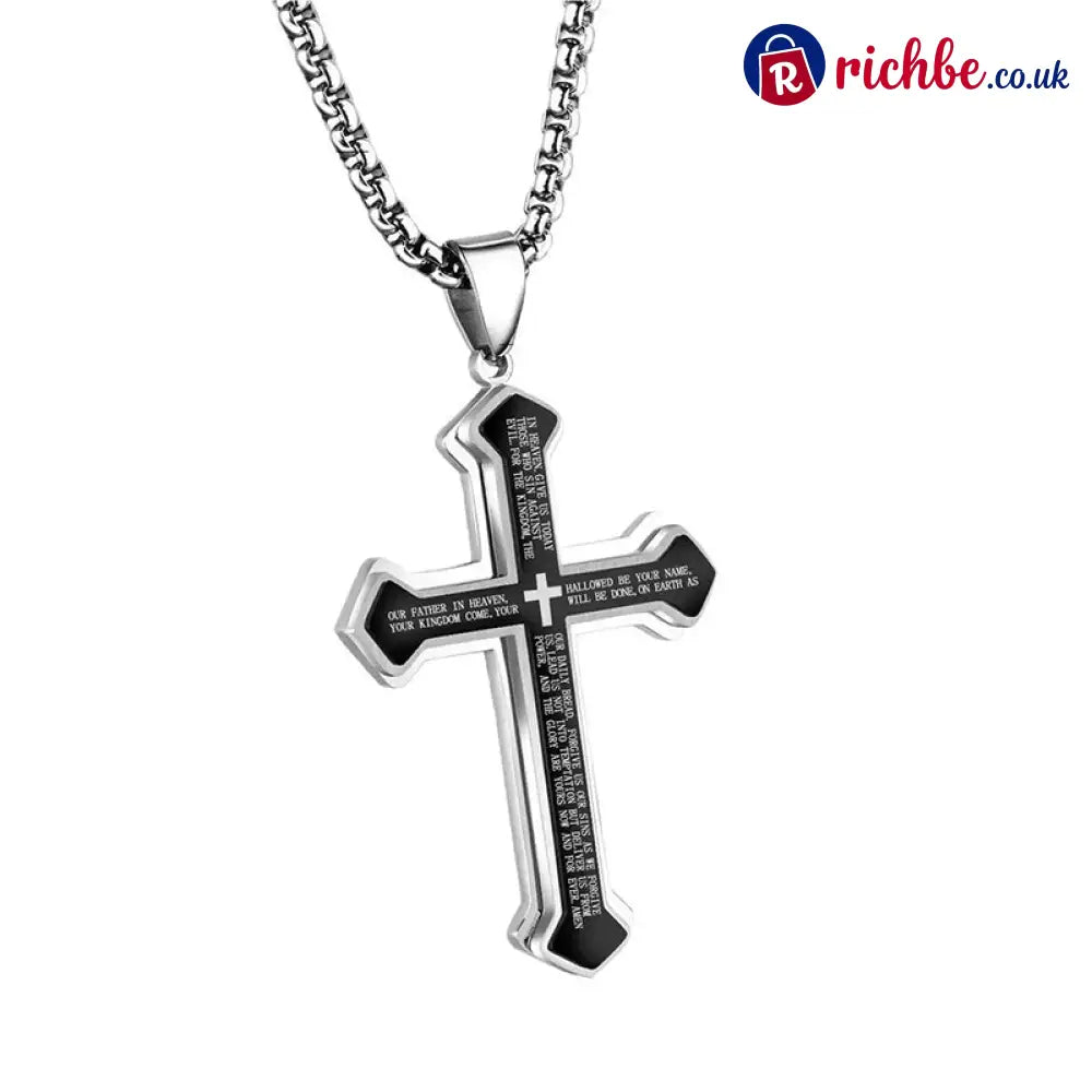 Men’s Lord’s Prayer Cross Necklace - Black-White - Clothing & Accessories