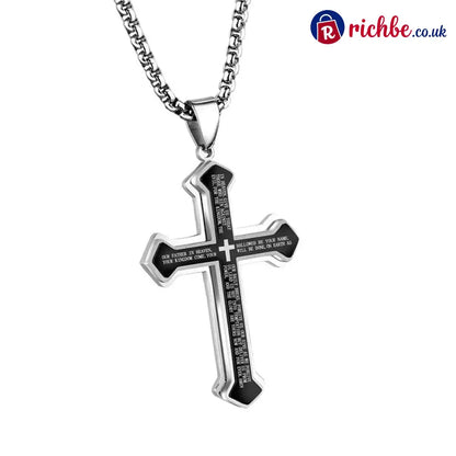 Men’s Lord’s Prayer Cross Necklace - Black-White - Clothing & Accessories
