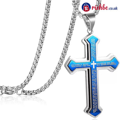 Men’s Lord’s Prayer Cross Necklace - Blue - Clothing & Accessories
