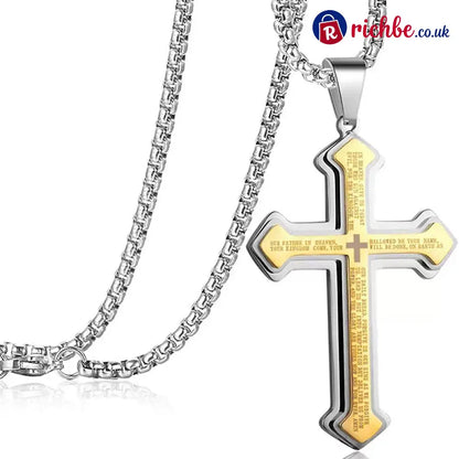Men’s Lord’s Prayer Cross Necklace - Gold - Clothing & Accessories