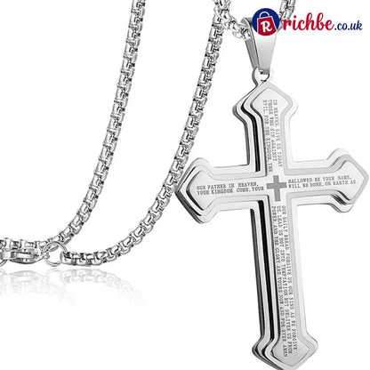 Men’s Lord’s Prayer Cross Necklace - Silver - Clothing & Accessories