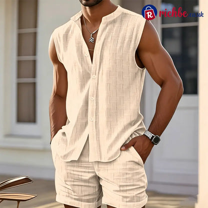 Men’s Sleeveless Button-Down Top & Shorts Set - Apricot / S / Buy 1 - Clothing & Accessories