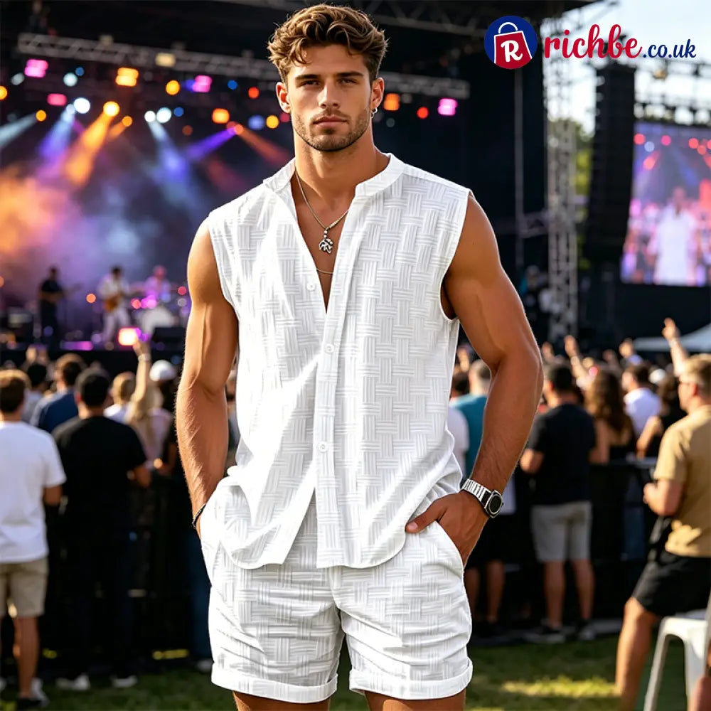 Men’s Sleeveless Button-Down Top & Shorts Set - Clothing & Accessories