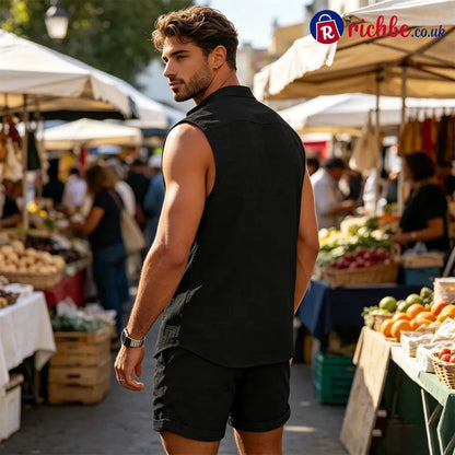 Men’s Sleeveless Button-Down Top & Shorts Set - Clothing & Accessories