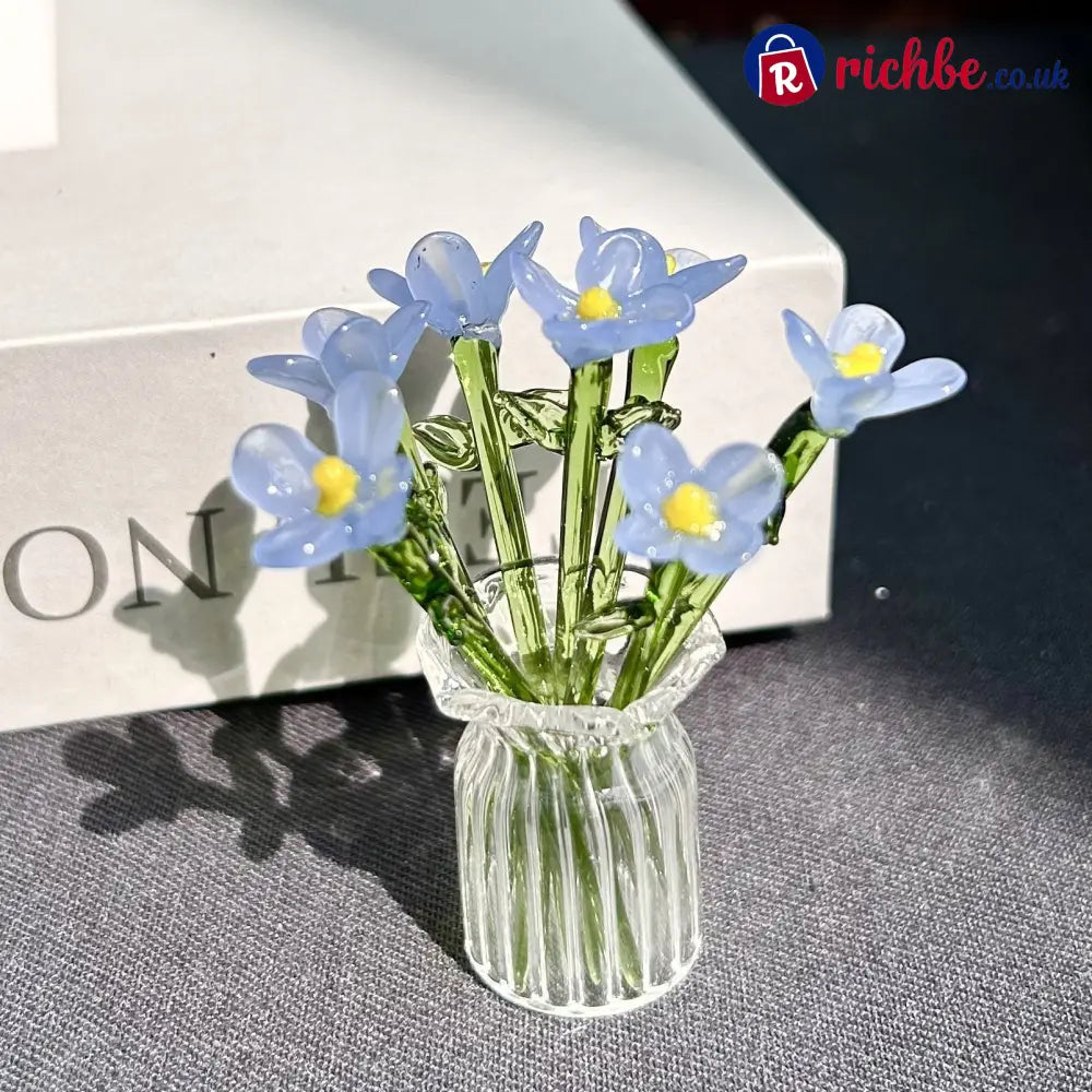 Mini Glass Flower Ornament Crafts Artificial Flower Floral Figurine - Blue Jade Flower Set (7 Flowers) - Houseware &