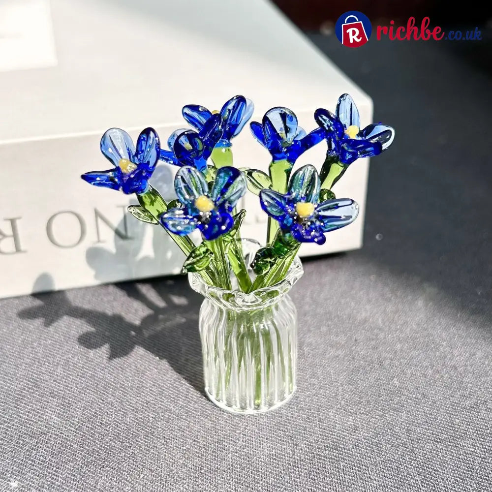 Mini Glass Flower Ornament Crafts Artificial Flower Floral Figurine - Blue Flower Set (7 Flowers) - Houseware & Kitche