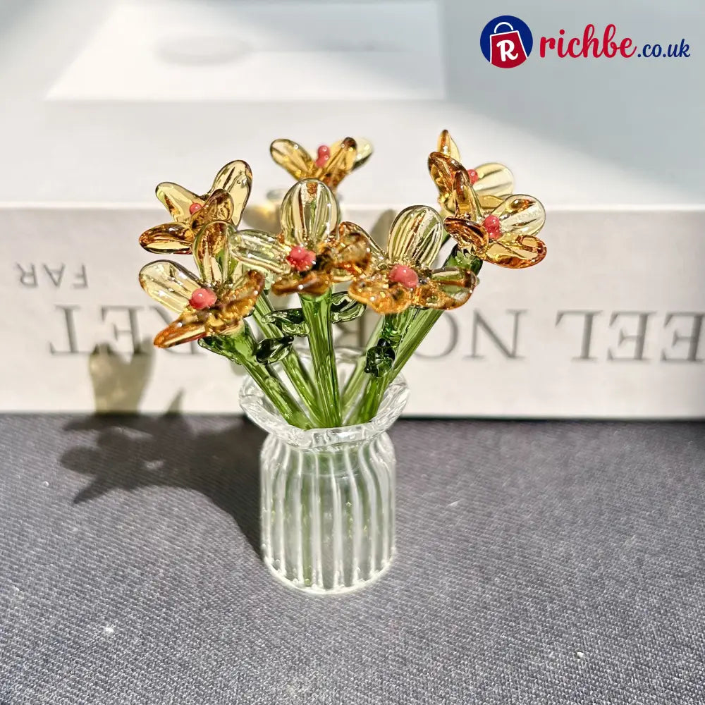 Mini Glass Flower Ornament Crafts Artificial Flower Floral Figurine - Golden Yellow Flower Set (7 Flowers) - Houseware