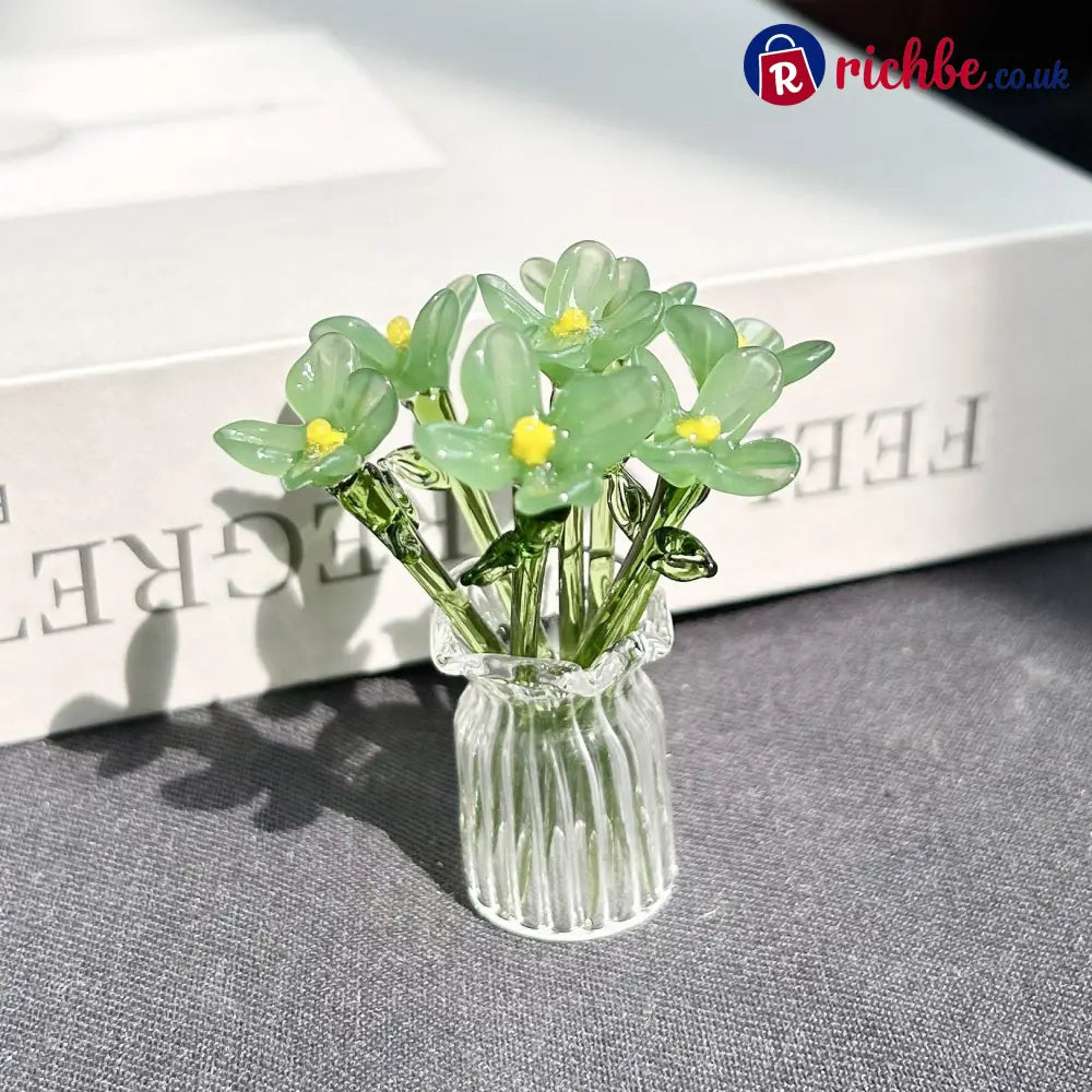 Mini Glass Flower Ornament Crafts Artificial Flower Floral Figurine - Green Jade Flower Set (7 Flowers) - Houseware &