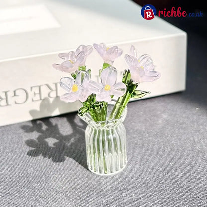 Mini Glass Flower Ornament Crafts Artificial Flower Floral Figurine - Pink Jade Flower Set (7 Flowers) - Houseware &