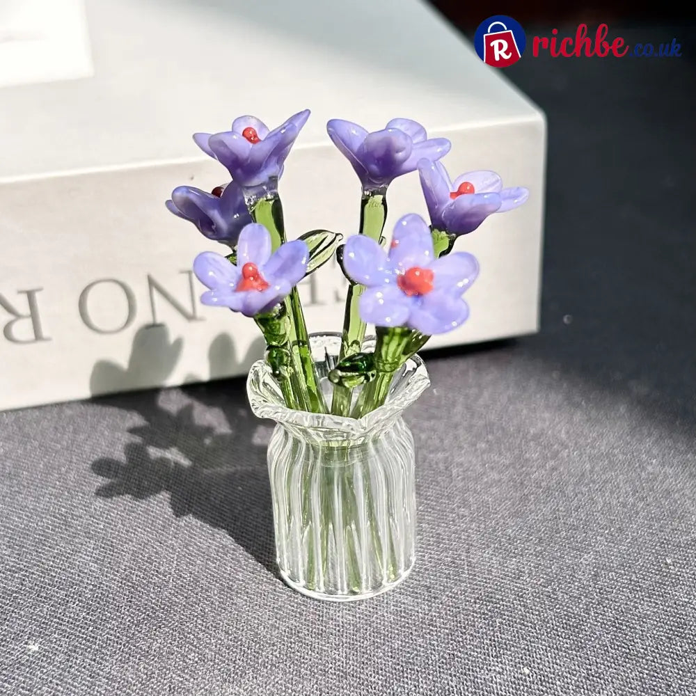 Mini Glass Flower Ornament Crafts Artificial Flower Floral Figurine - Porcelain Purple Set (7 Flowers) - Houseware &