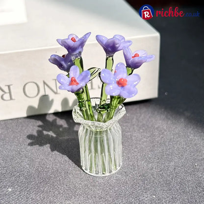 Mini Glass Flower Ornament Crafts Artificial Flower Floral Figurine - Porcelain Purple Set (7 Flowers) - Houseware &